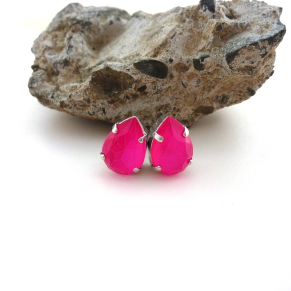 Electric Neon Pink Crystal Pear Shaped Earrings, Hot Summery Pink Teardrops Stud - Picture 1 of 3